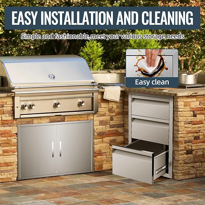 Outdoor Kitchen Drawer 14 x 21 x 23 inch Flush Mount BBQ Triple Layer Drawer, Durable Stainless Steel Kitchen Drawer Outdoor Kitchen Access Drawer for BBQ Island Patio