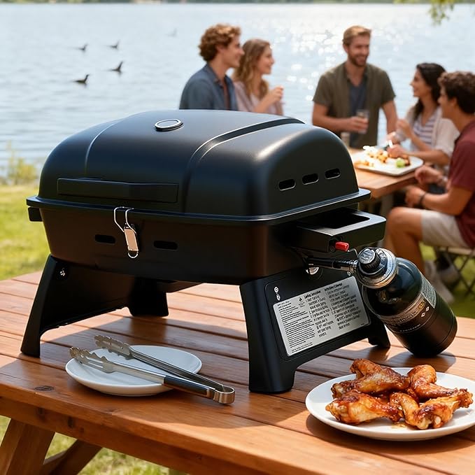Brand-Man Portable Gas Grill with Locking Lid Folding Legs 10,000 BTU Burner 240 sq.in. Cooking Area Tabletop Small Propane Grill Foldable for Outdoor Cooking, Backyard BBQs, Vacation Camping