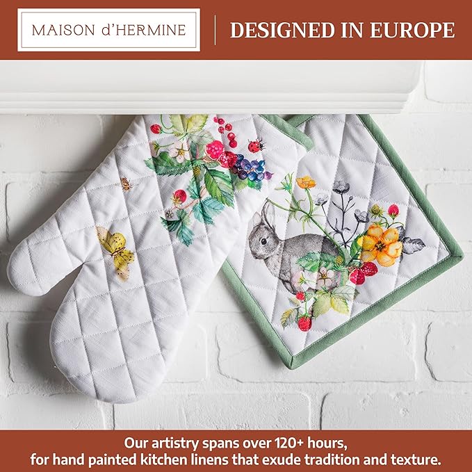 Maison d' Hermine 100% Cotton Oven Mitt & Pot Holder Set (7.5"x13" & 8"x8") Heat Resistant BBQ Cooking Gloves with Loop Baking Grilling Kitchen Hotel Home Farmhouse Spring Summer (Printemps)