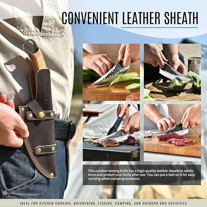 STARFISH Kitchen Knife, 6.0” Full Tang Chef Knife with Leather Sheath 440C Steel blade for Home Cooking. Olive Wooden Handle Japanese Style Forged Viking knives for Camping, BBQ, Gift for Men