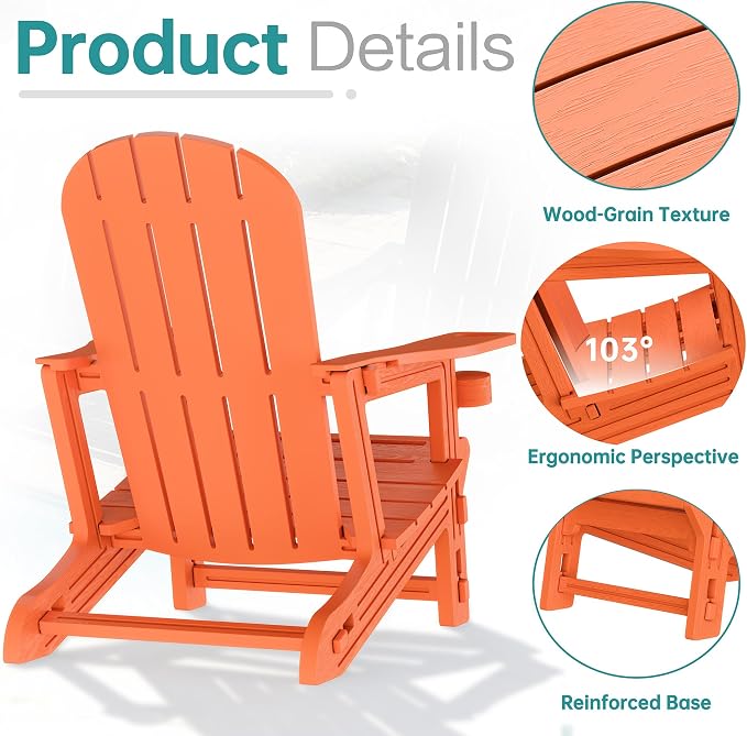 Shintenchi Adirondack Chairs Set of 2,HDPE Adirondack Chairs w/Removable Tablelop & Umbrella Hole,All-Weather Wooden Textured Plastic Outdoor Chairs w/Cup Holders for Garden Backyard Pool,Orange