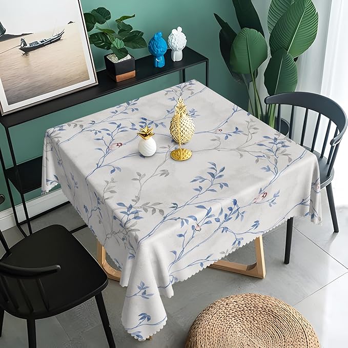Blue Gray Floral Square Tablecloths 60x60 Inch Plants Birds Decoration Table Cloth for Seasonal Decors Watercolor Oil Proof Spill Proof Wipeable Table Cloths for Indoor Outdoor Use