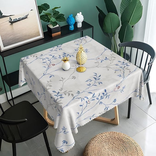Blue Gray Floral Square Tablecloths 60x60 Inch Plants Birds Decoration Table Cloth for Seasonal Decors Watercolor Oil Proof Spill Proof Wipeable Table Cloths for Indoor Outdoor Use