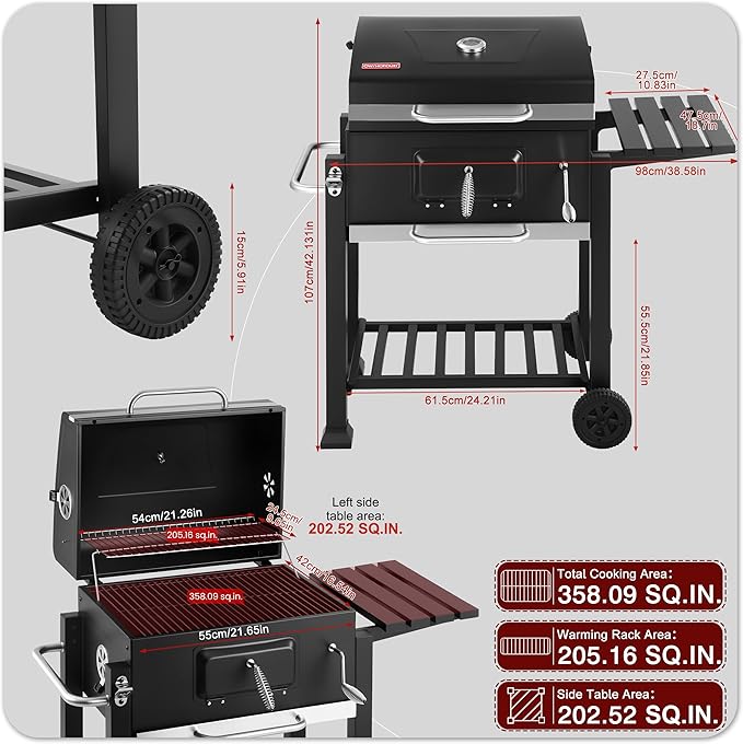 Portable Charcoal Grill, Large BBQ Grill with Height Adjustable Charcoal Pan, Built-in Thermometer & Foldable Side Table, Outdoor Charcoal Grill Portable for Patio Backyard Picnic Camping