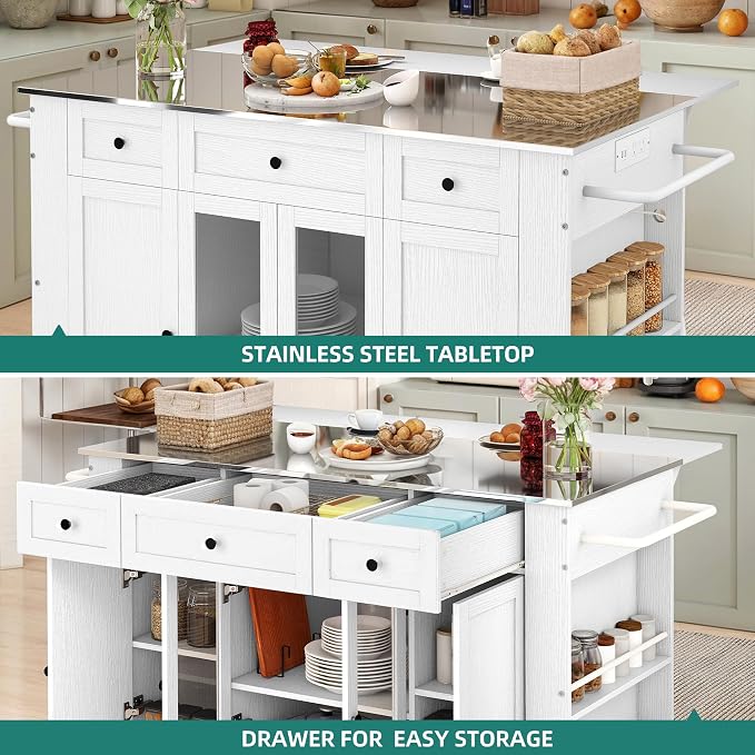 YITAHOME 60 Inch Kitchen Island with Drop Leaf | Mobile Stroage Islands with Stainless Steel Top, Rolling Island Table with Power Outlet, Adjustable Shelves, Spice Rack