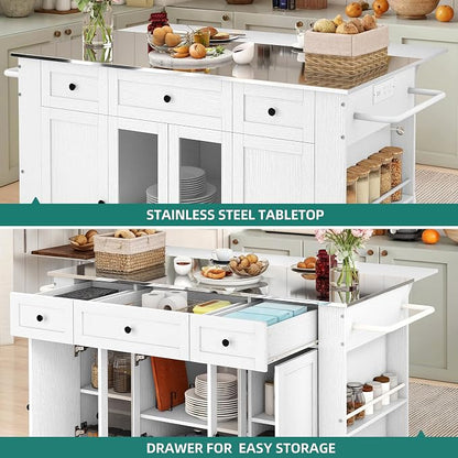 YITAHOME 60 Inch Kitchen Island with Drop Leaf | Mobile Stroage Islands with Stainless Steel Top, Rolling Island Table with Power Outlet, Adjustable Shelves, Spice Rack