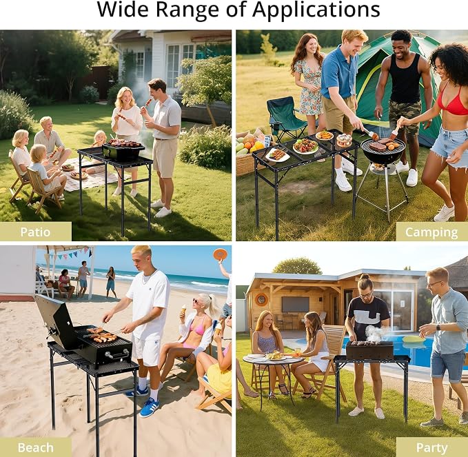Anbte 3ft Tri-fold Grill Table, 3 Adjustable Heights Max 29.5", Black | Sturdy Metal Grill Table with Storage Bag, Heat-Resistant Tabletop, Portable Handle for Cooking BBQ Outdoor Travel, 35" x 16"