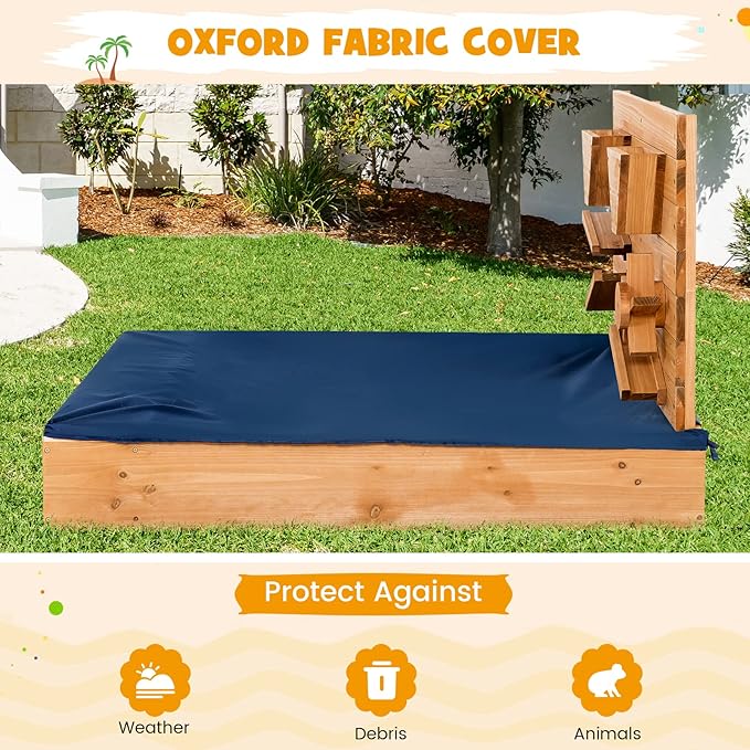 Costzon Kids Sandbox, Wooden Sand Pit w/Storage Boxes & Protective Bottom Liner, Outdoor Sand Box for Kids Age 3+ Backyard Garden Beach (with Sand Wall)