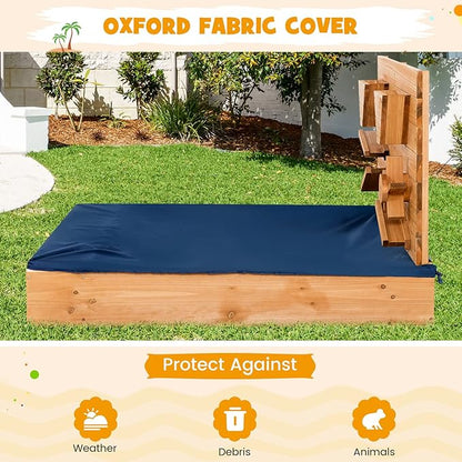 Costzon Kids Sandbox, Wooden Sand Pit w/Storage Boxes & Protective Bottom Liner, Outdoor Sand Box for Kids Age 3+ Backyard Garden Beach (with Sand Wall)