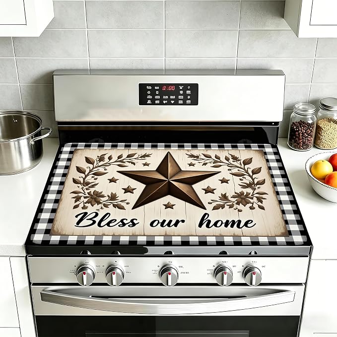 Rustic Wood Star Glass Top Stove Cover Protector,Farmhouse Heat Resistant Stove Top Cover, Large Size Range Covers for Electric Stove Countertop Mat, 28 x 20 Inch