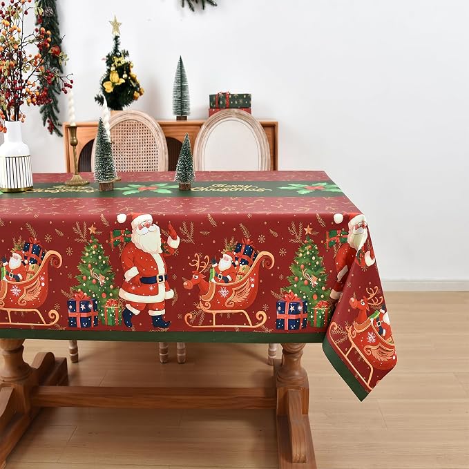 Christmas Tablecloth Heavy Duty Vinyl Red 54x72 inch Square Christmas Table Cloth Reusable Waterproof Foldable Plastic Tablecloths PVC Xmas Table Cover for New Year Party Decor