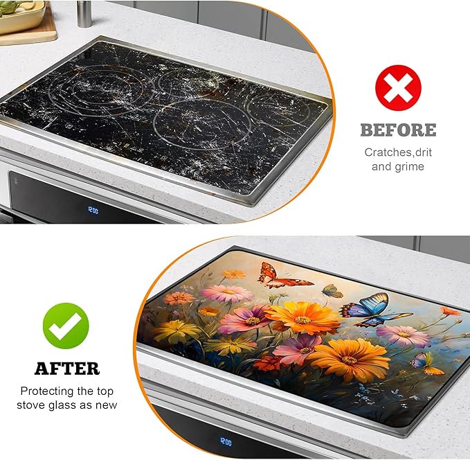 Multi-Design Stove Cover for Glass/Electric Stoves - 3-in-1 Heat-Resistant Protector Mat, Non-Slip Drying Rack 28"x20"