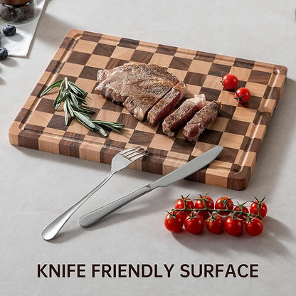 Checkerboard Cutting Boards for Kitchen, Acacia Wooden Cutting Board, End Grain Chopping Board with Juice Groove, Serving Tray for Meat, Vegetables, Fruits, Bread, Cheese, 14" X 11" X 0.8"