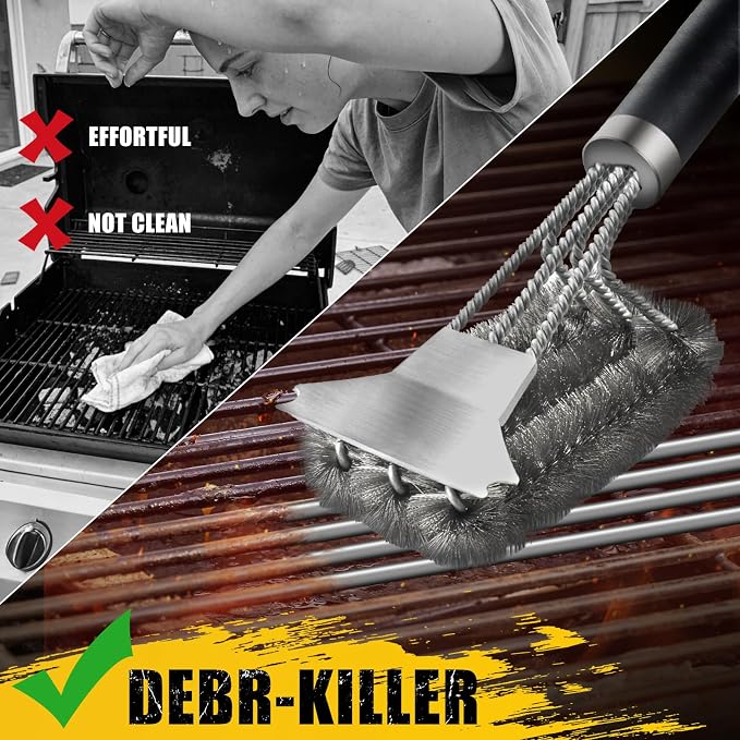 Grill Brush with Detachable Handle, Non-Slip BBQ Grill Brush for Outdoor Grill, 18 Inch Stainless Steel Grill Cleaning Brush with Scraper, Space Saving Grill Cleaner for Gas/Charcoal Grates