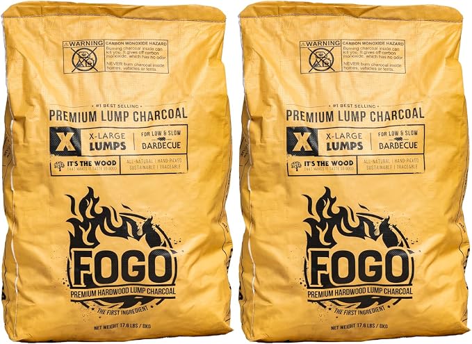 FOGO Premium Hardwood Lump Charcoal, Natural, Large Sized Lump Charcoal for Grilling and Smoking, Restaurant Quality, 17.6 Pound Bag, 2-Pack