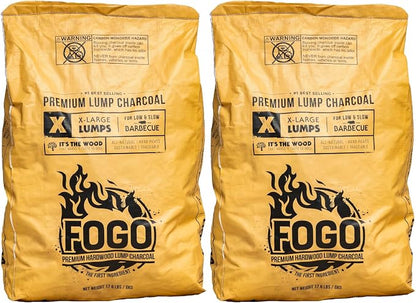 FOGO Premium Hardwood Lump Charcoal, Natural, Large Sized Lump Charcoal for Grilling and Smoking, Restaurant Quality, 17.6 Pound Bag, 2-Pack
