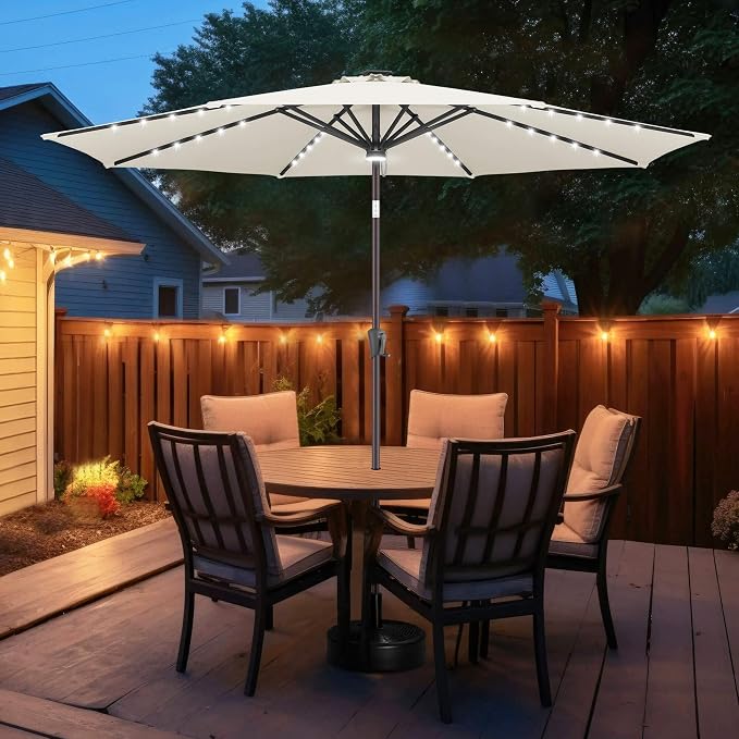 FLAME&SHADE Solar Patio Umbrella with a Centre Light, 11 FT Ivory | 40 LED Lights, UV Protection, Waterproof, Porch Deck Outdoor Umbrella for Pool, Backyard, Garden, Provides Evening Lighting