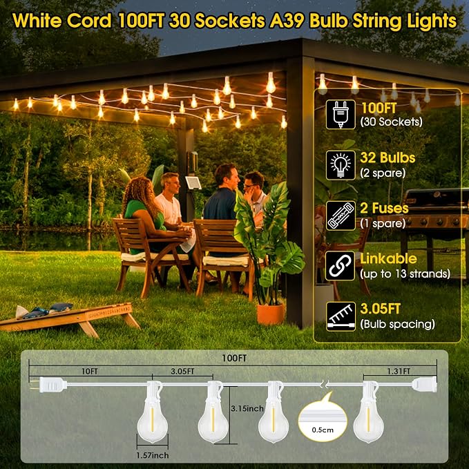 Larkvue 100FT Outdoor String Lights, LED Patio Lights with 32 Waterproof Shatterproof Dimmable A39 Hanging Bulbs(2 Spare) for Garden Wedding-White
