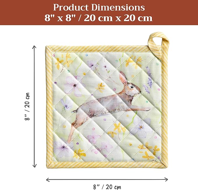 Maison d' Hermine Pot Holders 100% Cotton Heat Resistant Potholders 8" x 8" Hot Pads with Loop BBQ Cooking Baking Hotel Farmhouse Kitchen Handling Hot Pans Spring Summer (Pack of 2, Easter Zest)