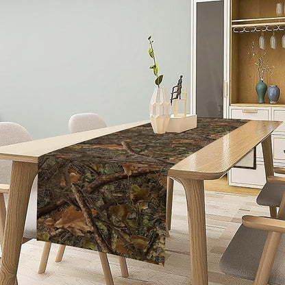 Forest Camouflage Style Table Runner, Forest Camo Conifer Oak Branches Leaves Mossy Hunting Lodge Camp Cabin Pattern for Kitchen CoffeeTea Table Dinner Room 13x90in
