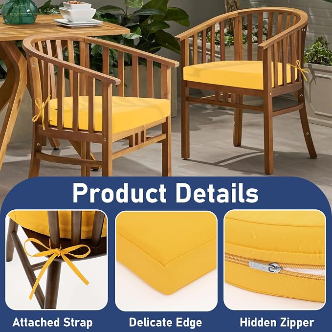 Topotdor Outdoor Chair Cushions Set of 2, 19"x19"x3" Waterproof Patio Chair Cushions for Outdoor Furniture, Round Corner Outdoor Seat Cushions Color Fastness Chair Pads with Ties, Yellow