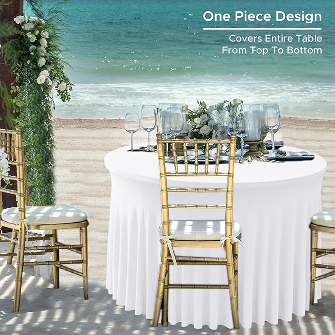 Fitted White Spandex Table Skirts for Wedding Party,60 Inch Round,4 Pack | Spandex Table Covers, For 5 Ft Wedding Cake Tables, Wrinkle Resistant, Ruffle Design Banquets, Baby Showers, Parties
