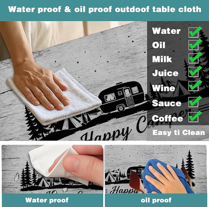 Picnic Table Cover with Bench Covers and Drawstring Bag, Camping Essentials, Happy Camper Camping Tablecloth, Waterproof Windproof Elastic Edges Fitted Rectangle Tables, 3PCS, 30x60 Inch