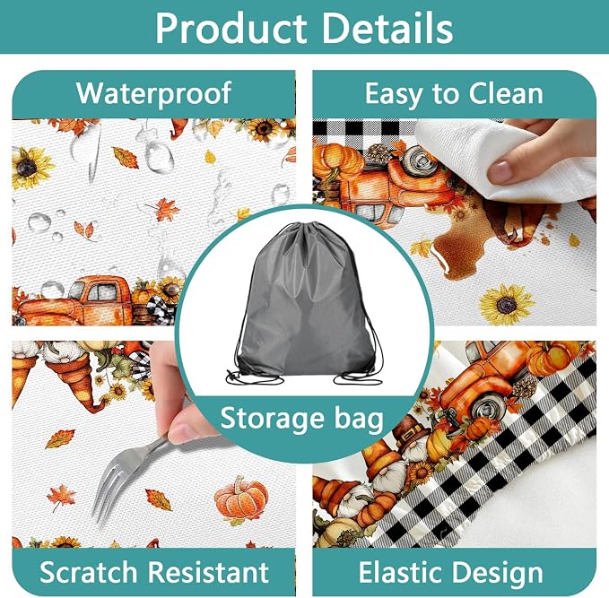 Fall Picnic Table Cover with Bench Covers, Camping Essentials, Buffalo Plaid Thanksgiving Pumpkin Waterproof Windproof, Fitted Tablecloth Cover with Elastic Edge, Indoor & Outdoor, 3 PCS, 30x72 Inch
