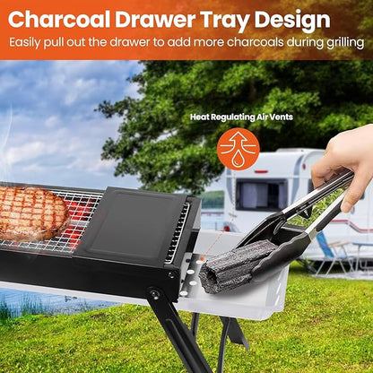 Charcoal Grill,Portable Folding BBQ Grill with Side Table,Tabletop Barbecue Grill with Stainless Steel Grill Net Easy Setup for Outdoor Camping Picnic Party Backyard