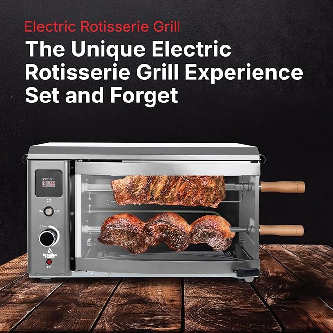 Brazilian Flame Indoor or Outdoor Rotisserie Grill Roaster with 2 Auto Rotating Skewers for Rotisserie Chicken, Steak, Fish, Brazilian Style BBQ, Electric Rotisserie Oven for Apartment or Home