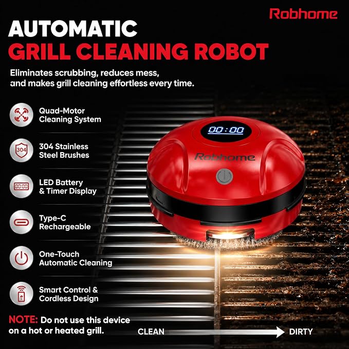 Grill Cleaning Robot, Electric Grill Brush with 4 Heads, 304 Stainless Steel Rotary Brush, Cordless Rechargeable BBQ Cleaner, 150Mins Runtime, 380 RPM, Automatic Grill Cleaner for Outdoor Grill, Red