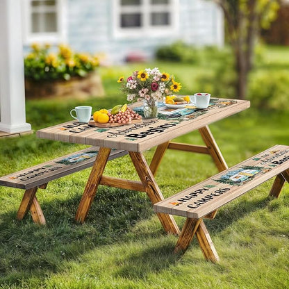 Picnic Table Cover with Bench Covers, Wooden Forest Mountain Camper Waterproof Windproof, Fitted Tablecloth Cover with Elastic Edge, for Indoor & Outdoor, Garden, Camping, 3 PCS 30x72 Inch