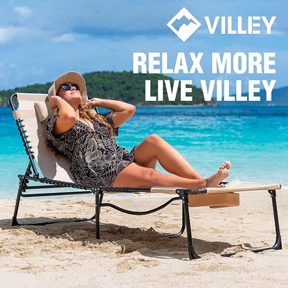 VILLEY Oversized Chaise Lounge Chair with Face Hole, Adjustable Reclining Beach Chair, Portable Tanning Chair, Outdoor Folding Sunbathing Chair for Patio Lawn Beach Pool