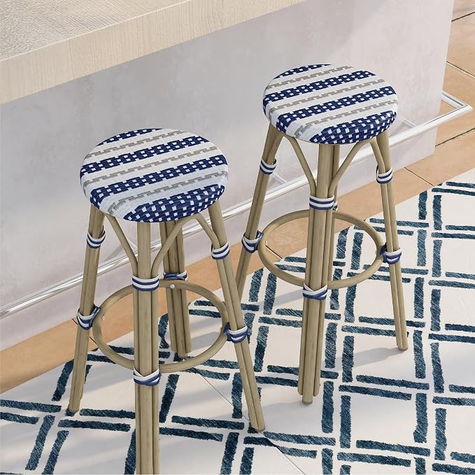 Seadrift Boho 30-inch Aluminum and All-Weather Wicker Barstools with Footrest, Patio Stools & Bar Chairs for Outdoor, Kitchen Counter, Poolside, Yard, Set of 2, Navy Blue and White