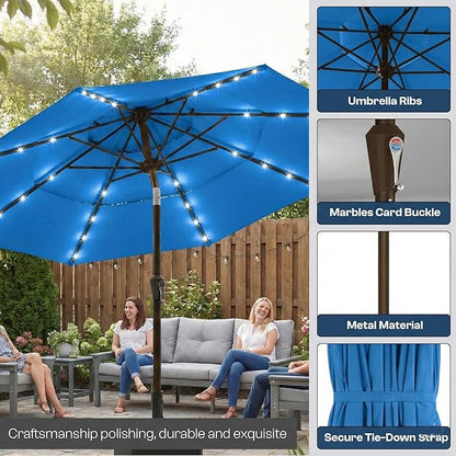 10ft 3-Tier Patio Umbrella with 32 Solar Powered LED Lights, Windproof Outdoor Market Umbrella for Deck, Poolside & Garden, Sturdy Push-Button Tilt Table Umbrella, Royal Blue