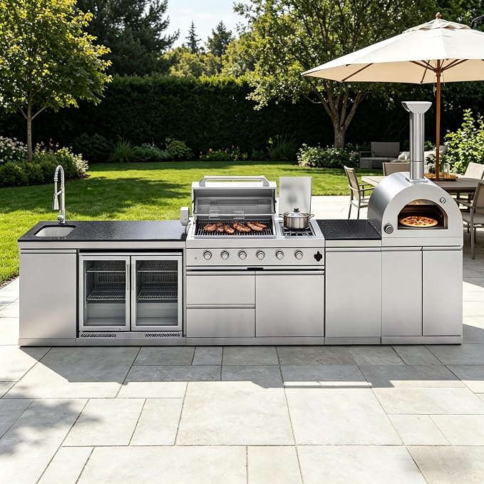 150-Inch Stainless Steel Outdoor Kitchen Island,Natural Gas BBQ Grill with Pizza Oven,Rotisserie,Double Door Refrigerator,Granite Countertop,Storage Cabinets & Drawers 108,000 BTU.