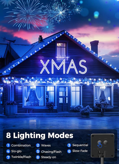 Minetom Solar Christmas Lights Outdoor Waterproof, 2Pack Total 80FT 200 LED | Solar Christmas Outdoor Decoration with 8 Modes, Solar String Lights for Outside House Tree Yard Garden, Blue & Pure White