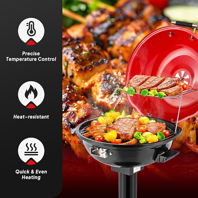 ROVSUN 1600W Vertical Electric Grill with Lid, Red 304 Stainless Steel Grill w/Detachable Pull-out Drip Tray, Double Layer Design, Portable & Removable, for Indoor and Outdoor Use