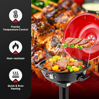ROVSUN 1600W Vertical Electric Grill with Lid, Red 304 Stainless Steel Grill w/Detachable Pull-out Drip Tray, Double Layer Design, Portable & Removable, for Indoor and Outdoor Use