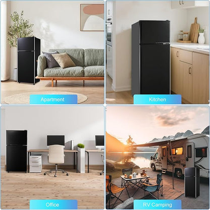 Mini Fridge with Freezer 4.0 Cu.Ft. Double-Door Mini Refrigerator Low Noise | 7-Level Adjustable Thermostat & Adjustable Glass Shelves, Compact Dorm Fridge 37 dB Low Noise for Bedroom, Black