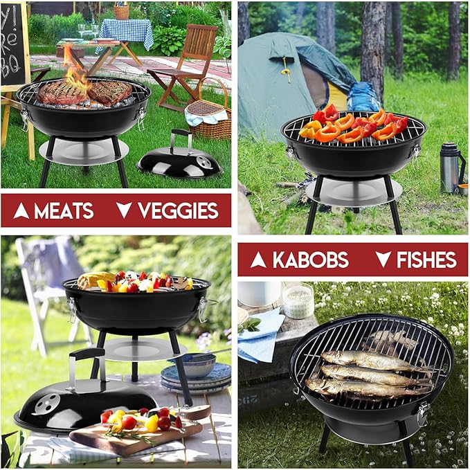 HaSteeL 14 Inch Charcoal Grill, Small Black Enamel Outdoor BBQ Grill, Mini Flat Top Kettle Barbecue Grill with Screwdriver, Portable for Backyard Garden Camping Cooking Smoking, Dual Venting System