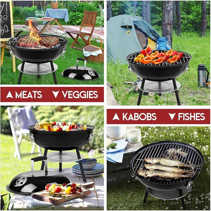 HaSteeL 14 Inch Charcoal Grill, Small Black Enamel Outdoor BBQ Grill, Mini Flat Top Kettle Barbecue Grill with Screwdriver, Portable for Backyard Garden Camping Cooking Smoking, Dual Venting System