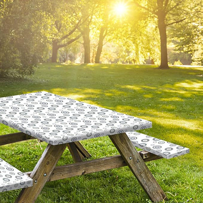 8ft Picnic Table and Bench Cover, Camping Essentials RV Gear, 96 in Waterproof Windproof Outdoor Elastic All Around Tablecloth, Fitted Rectangle Tables and Seats, Blue Flywheel
