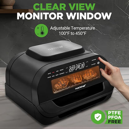 NutriChef Indoor Smokeless Grill - Smart Grill & Air Fryer with 7 Cooking Functions - 6L Capacity - Includes Smart Thermometer - Precise Temperature Control - Non-Stick Removable Grill Plates