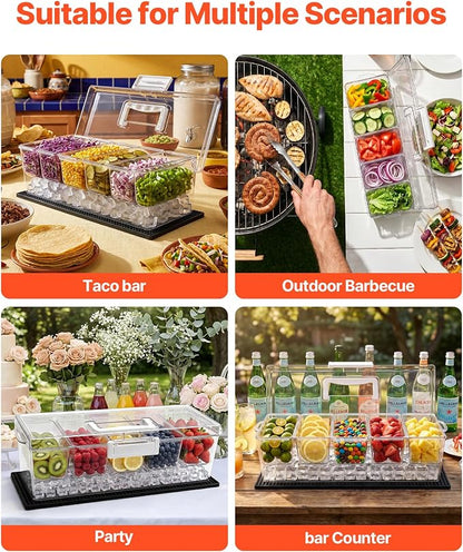 VEVOR Chilled Condiment Server Caddy, 5 Compartment Ice Cooled Serving Container, Plastic Fruit Garnish Tray Platter with Lid, for Taco Salad Bar Accessories, Party Home Restaurant Supplies