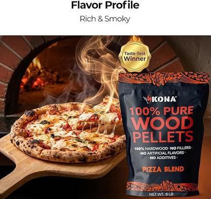 Kona Pizza Blend Wood Smoker Pellets, Intended for Ninja Woodfire Pizza Ovens, 100% Natural Hardwood - Rich Smoky Flavor - Ideal for Pizza Ovens, Smokers, and Smoker Tubes - 8 Pounds