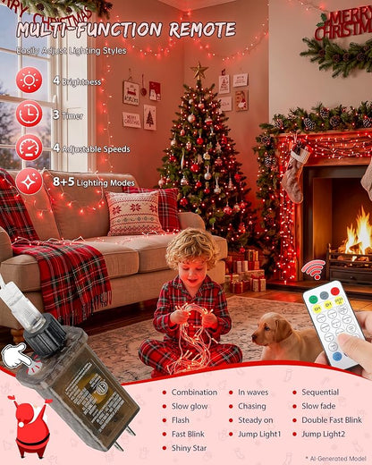 33FT 100 LED Red Christmas Valentine's Day Twinkle String Lights | Remote Control, 13 Modes with Memory, 4 Dimmable Brightness, 4 speed levels, Connectable, IP65 Waterproof, Transparent Wire