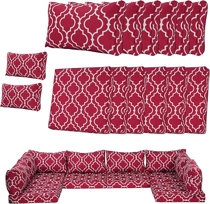 14 Piece Outdoor Patio Cushion Cover Replacement, Waterproof Patio Cushion Covers, Outdoor Furniture Cushion Covers Set for 6 Seat Wicker Rattan Sofa (Red Grid)