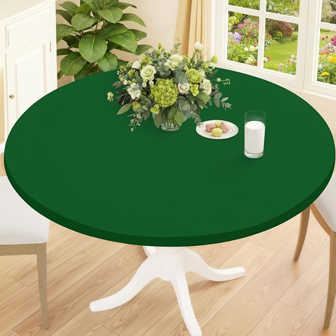 Smiry Round Spandex Tablecloth, Elastic Fitted Washable Tablecloths for 25"-30" Tables, Waterpoof Stretch Picnic Table Cover for Dining, Indoor and Outdoor, Emerald Green