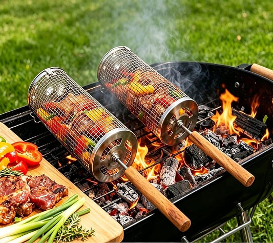 Rolling Grilling Basket for Outdoor Grilling,9-Piece Stainless Steel BBQ Accessories Set,Perfect Gifts for Men Dad Husband,Portable Camping Nesting Grill Baskets for Fish, Shrimp, Meat, Vegetables